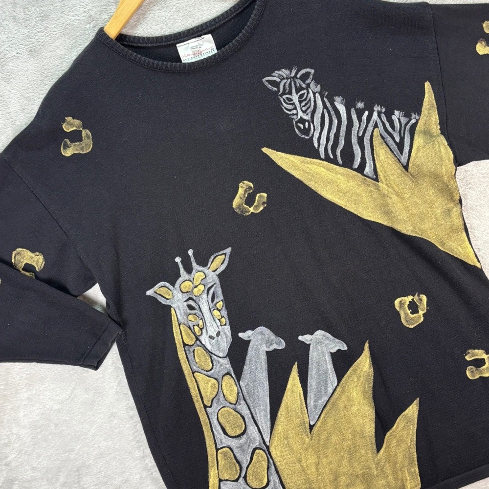 Vtg Valerie‎ Lynn Women's Black Animal Print Sweater Giraffe Zebra Artwear OSFA